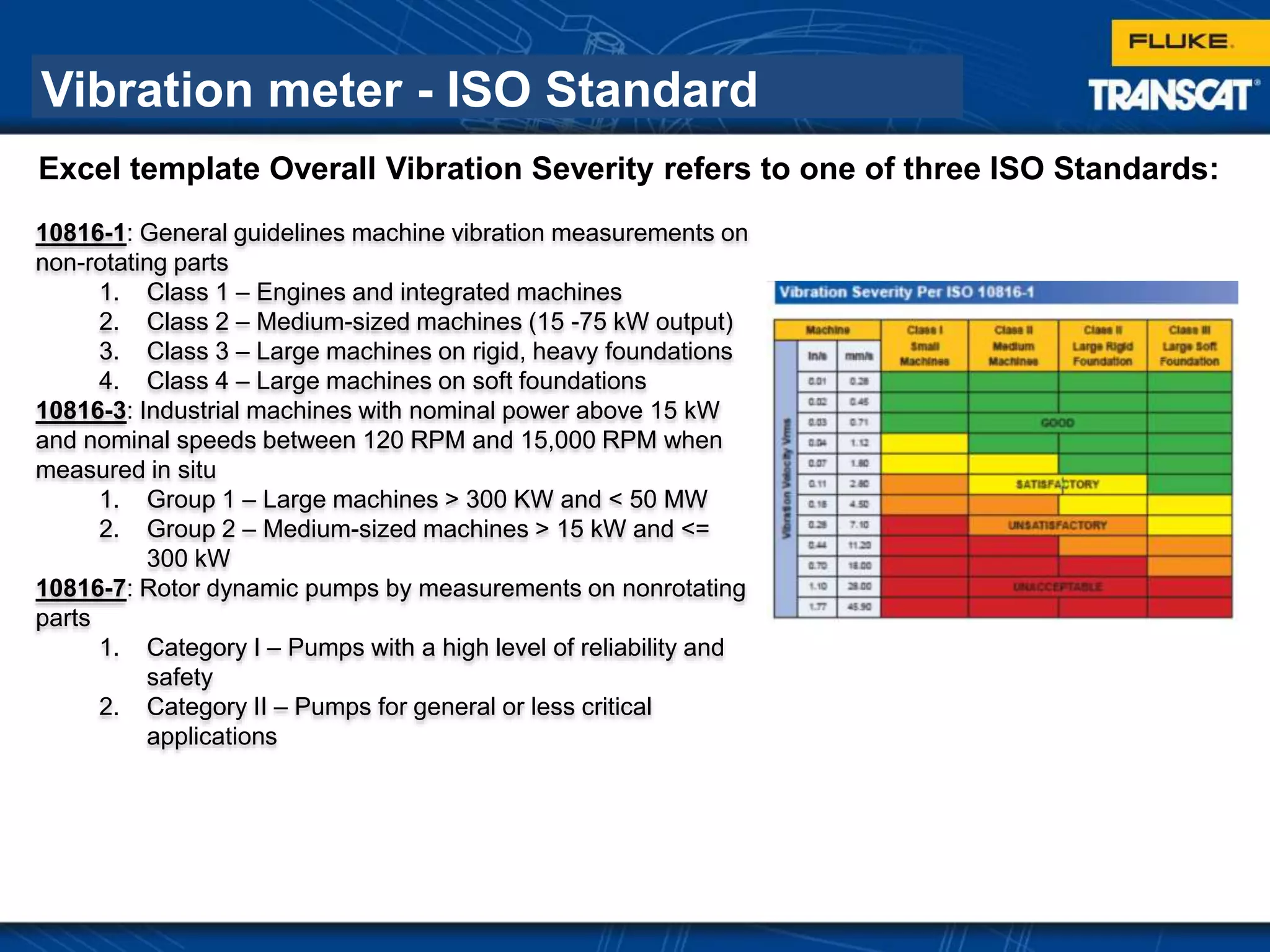Vibration meter - ISO Standard
10816-1: General guidelines machine vibration measurements on
non-rotating parts
1. Class 1 – Engines and integrated machines
2. Class 2 – Medium-sized machines (15 -75 kW output)
3. Class 3 – Large machines on rigid, heavy foundations
4. Class 4 – Large machines on soft foundations
10816-3: Industrial machines with nominal power above 15 kW
and nominal speeds between 120 RPM and 15,000 RPM when
measured in situ
1. Group 1 – Large machines > 300 KW and < 50 MW
2. Group 2 – Medium-sized machines > 15 kW and <=
300 kW
10816-7: Rotor dynamic pumps by measurements on nonrotating
parts
1. Category I – Pumps with a high level of reliability and
safety
2. Category II – Pumps for general or less critical
applications
Excel template Overall Vibration Severity refers to one of three ISO Standards:
 