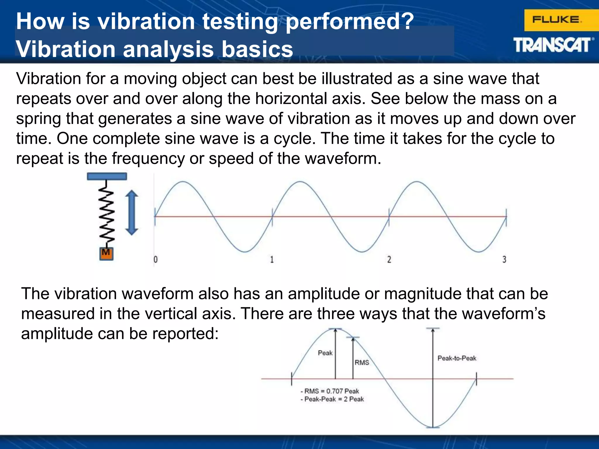 How is vibration testing performed?
Vibration analysis basics
Vibration for a moving object can best be illustrated as a sine wave that
repeats over and over along the horizontal axis. See below the mass on a
spring that generates a sine wave of vibration as it moves up and down over
time. One complete sine wave is a cycle. The time it takes for the cycle to
repeat is the frequency or speed of the waveform.
The vibration waveform also has an amplitude or magnitude that can be
measured in the vertical axis. There are three ways that the waveform’s
amplitude can be reported:
 