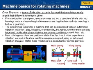 Machine basics for rotating machines
Over 30 years, a team of vibration experts learned that machines really
aren’t that different from each other
• From a vibration stand-point, most machines are just a couple of shafts with two
bearings each and something in-between connecting the two shafts (a coupling, a
belt, or a gearbox).
• The determining factors for a machine that can be diagnosed with an automated
vibration tester isn’t size, criticality, or complexity, but rather, whether there are any
large and rapidly changing variations in machine conditions: speed, load, etc.
• Most rotating machines are pretty consistent for the time it takes to perform a
vibration test and only a few machines require an expert using an advanced
vibration analyzer. Refer these machines to a consultant or service provider.
 