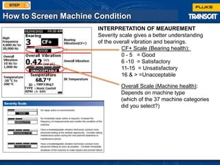 How to Screen Machine Condition
INTERPRETATION OF MEAUREMENT
Severity scale gives a better understanding
of the overall vibration and bearings.
CF+ Scale (Bearing health):
0 - 5 = Good
6 -10 = Satisfactory
11-15 = Unsatisfactory
16 & > =Unacceptable
Overall Scale (Machine health):
Depends on machine type
(which of the 37 machine categories
did you select?)
 