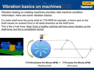 Vibration basics on machines
Vibration testing on rotating machines provides vital machine condition
information. Here are some vibration basics:
If a motor shaft turns the pump shaft at 1776 RPM for example, a heavy spot on the
shaft causes an outward force in all radial directions as the shaft turns.
This is like a hula hoop. Note: Even a healthy machine will have some vibration as the
shaft turns, but this is considered normal.
1776 Revolutions Per Minute (RPM) = 1776 Cycles Per Minute (CPM)
(Rotating shaft) (Sine wave)
 
