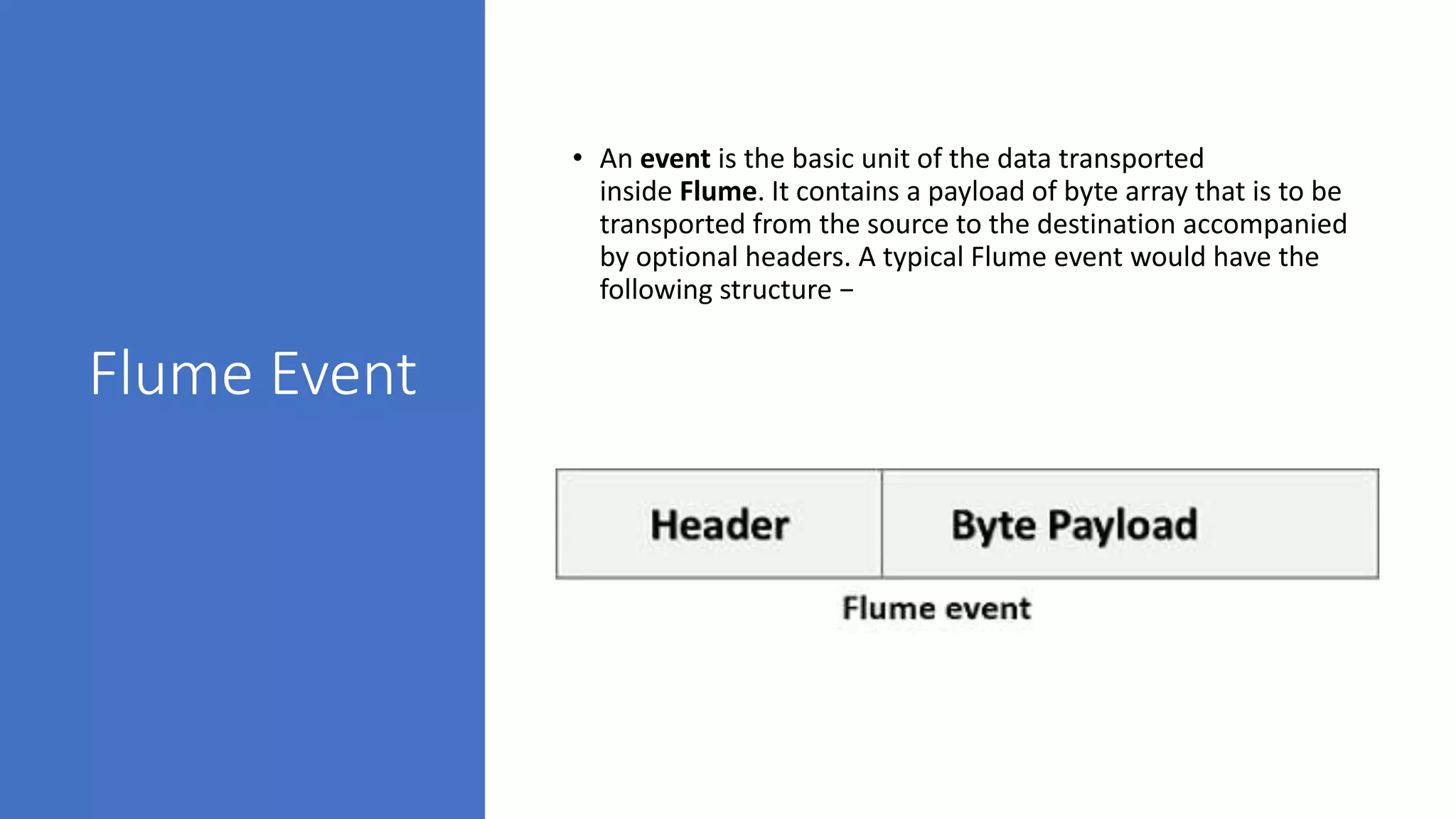 Flume Event
• An event is the basic unit of the data transported
inside Flume. It contains a payload of byte array that is to be
transported from the source to the destination accompanied
by optional headers. A typical Flume event would have the
following structure −
 
