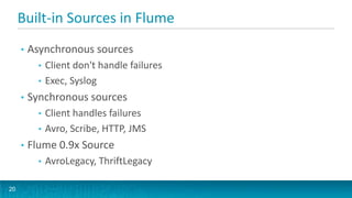 Built-in Sources in Flume
     •   Asynchronous sources
           • Client don't handle failures
           • Exec, Syslog
     •   Synchronous sources
           • Client handles failures
           • Avro, Scribe, HTTP, JMS
     •   Flume 0.9x Source
           •   AvroLegacy, ThriftLegacy

20
 