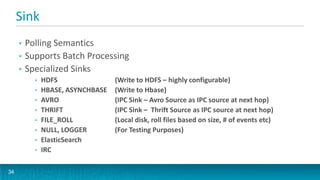 Sink
     • Polling Semantics
     • Supports Batch Processing
     • Specialized Sinks
         •   HDFS                (Write to HDFS – highly configurable)
         •   HBASE, ASYNCHBASE   (Write to Hbase)
         •   AVRO                (IPC Sink – Avro Source as IPC source at next hop)
         •   THRIFT              (IPC Sink – Thrift Source as IPC source at next hop)
         •   FILE_ROLL           (Local disk, roll files based on size, # of events etc)
         •   NULL, LOGGER        (For Testing Purposes)
         •   ElasticSearch
         •   IRC

34
 