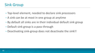 Sink Group
     • Top-level element, needed to declare sink processors
     • A sink can be at most in one group at anytime
     • By default all sinks are in their individual default sink group
     • Default sink group is a pass-through
     • Deactivating sink-group does not deactivate the sink!!




40
 