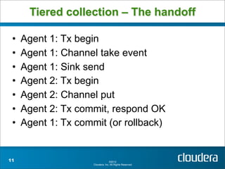 Tiered collection – The handoff

 •   Agent 1: Tx begin
 •   Agent 1: Channel take event
 •   Agent 1: Sink send
 •   Agent 2: Tx begin
 •   Agent 2: Channel put
 •   Agent 2: Tx commit, respond OK
 •   Agent 1: Tx commit (or rollback)


11                                 ©2012
                     Cloudera, Inc. All Rights Reserved.
 