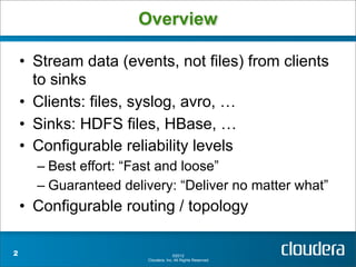 Overview

    • Stream data (events, not files) from clients
      to sinks
    • Clients: files, syslog, avro, …
    • Sinks: HDFS files, HBase, …
    • Configurable reliability levels
      – Best effort: “Fast and loose”
      – Guaranteed delivery: “Deliver no matter what”
    • Configurable routing / topology

2                                    ©2012
                       Cloudera, Inc. All Rights Reserved.
 