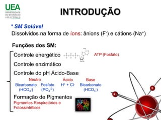 INTRODUÇÃO
* SM Solúvel
Dissolvidos na forma de íons: ânions (F-) e cátions (Na+)

Funções dos SM:
 Controle energético                           ATP (Fosfato)

 Controle enzimático
 Controle do pH Ácido-Base
        Neutro                Ácido        Base
 Bicarbonato Fosfato         H+ + Cl-   Bicarbonato
   (HCO3-)     (PO4-3)                    (HCO3-)
 Formação de Pigmentos
 Pigmentos Respiratórios e
 Fotossintéticos
 