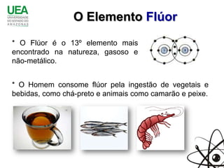 O Elemento Flúor
* O Flúor é o 13º elemento mais
encontrado na natureza, gasoso e
não-metálico.


* O Homem consome flúor pela ingestão de vegetais e
bebidas, como chá-preto e animais como camarão e peixe.
 