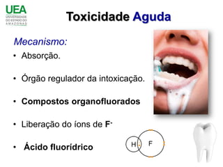 Toxicidade Aguda
Mecanismo:
• Absorção.

• Órgão regulador da intoxicação.

• Compostos organofluorados

• Liberação do íons de F-

• Ácido fluorídrico
 