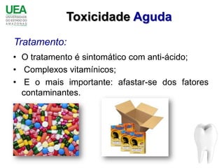 Toxicidade Aguda
Tratamento:
• O tratamento é sintomático com anti-ácido;
• Complexos vitamínicos;
• E o mais importante: afastar-se dos fatores
  contaminantes.
 