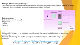 Principal of fluorescence spectroscopy:
The fluorescence spectroscopy works on the principal of emission of the light by the electrons that absorbed the energy
Supplied by the external source like light beam with intensity of 180 to 800 nm
Instrumentation :
Only three instruments are used
1 light beam
2 filters
3 detector
The light will be produced by the source and that will enter the filter and the required light will be selected and
passed through
The sample at the 900 angle the another filter is placed behind to this there is a detector that analyse the
information.
ref: Joseph R. Lakowicz: Principles of fluorescence spectroscopy
C Albrecht - Analytical and Bioanalytical chemistry, 2008 - Springer
11
 