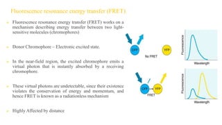 Fluorescence resonance energy transfer (FRET)
 Fluorescence resonance energy transfer (FRET) works on a
mechanism describing energy transfer between two light-
sensitive molecules (chromophores)
 Donor Chromophore – Electronic excited state.
 In the near-field region, the excited chromophore emits a
virtual photon that is instantly absorbed by a receiving
chromophore.
 These virtual photons are undetectable, since their existence
violates the conservation of energy and momentum, and
hence FRET is known as a radiationless mechanism
 Highly Affected by distance
 