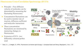 Fluorescence Cross-Correlation Spectroscopy (FCCS)
 Principle – Free diffusion
velocity of molecules can be
determined by measuring the
fluctuating fluorescence.
 Concentration fluctuations can
be used to monitor rate of
reaction, diffusion coefficient
and molecular interactions
 These concentration
fluctuations are monitored by
measuring changes in
fluorescence.
 Extension of FCS - two
differently coloured probes
used
• Elson, E. L., & Magde, D. (1974). Fluorescence correlation spectroscopy. I. Conceptual basis and theory. Biopolymers, 13(1), 1–27.
 