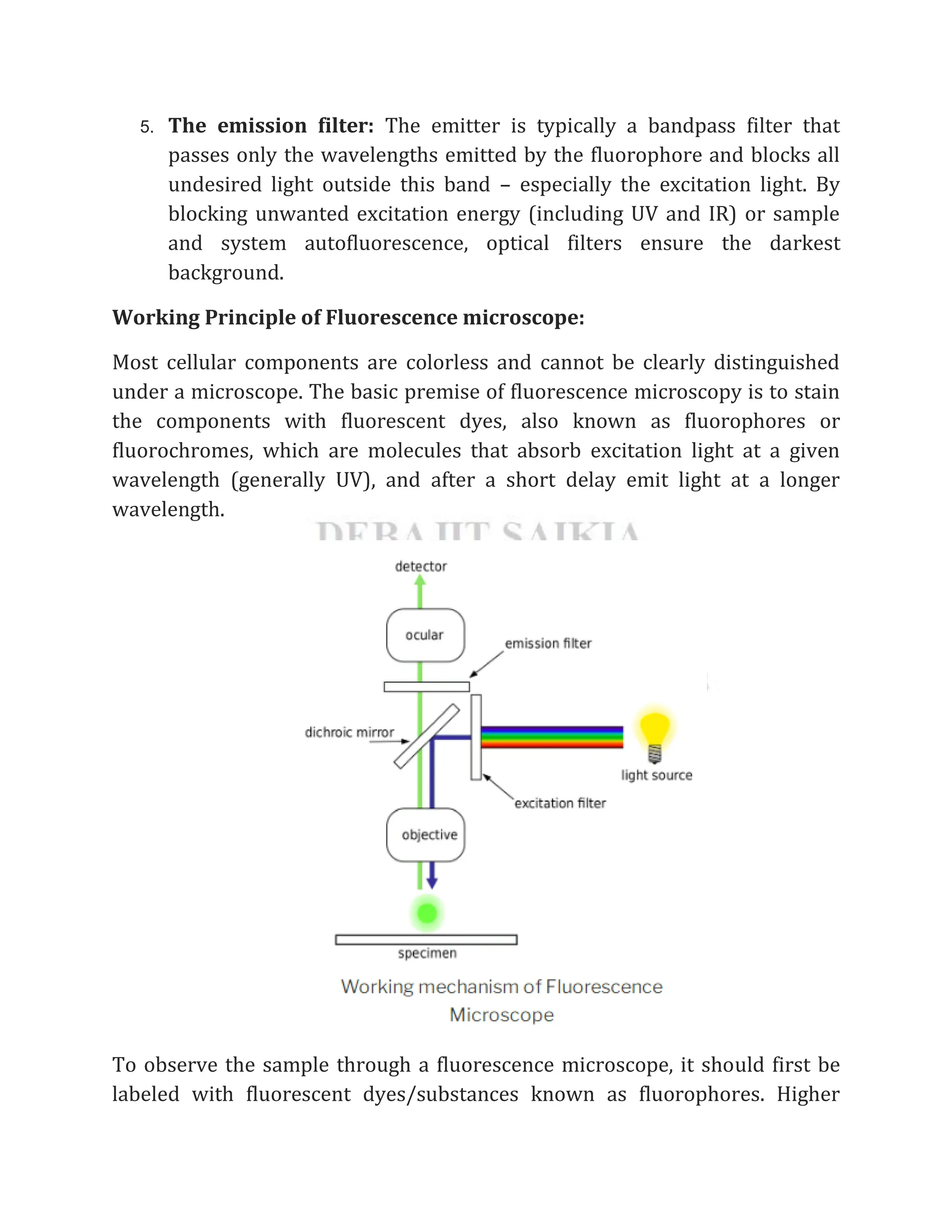 5. The emission filter: The emitter is typically a bandpass filter that
passes only the wavelengths emitted by the fluorophore and blocks all
undesired light outside this band – especially the excitation light. By
blocking unwanted excitation energy (including UV and IR) or sample
and system autofluorescence, optical filters ensure the darkest
background.
Working Principle of Fluorescence microscope:
Most cellular components are colorless and cannot be clearly distinguished
under a microscope. The basic premise of fluorescence microscopy is to stain
the components with fluorescent dyes, also known as fluorophores or
fluorochromes, which are molecules that absorb excitation light at a given
wavelength (generally UV), and after a short delay emit light at a longer
wavelength.
To observe the sample through a fluorescence microscope, it should first be
labeled with fluorescent dyes/substances known as fluorophores. Higher
 