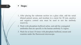  Steps:
1. After placing the substrate section on a glass slide, add the serial
diluted patient serum, and incubate in a moist for 30 min. positive
and negative control sera must be used to test the antibody
reactivity.
2. Wash with phosphate-buffered saline, and add the conjugated
antibodies that are specific to the human antibody Fc region.
3. Wash for at least 10 times with phosphate-buffered, mount and
examine under the fluorescent microscope.
10
 