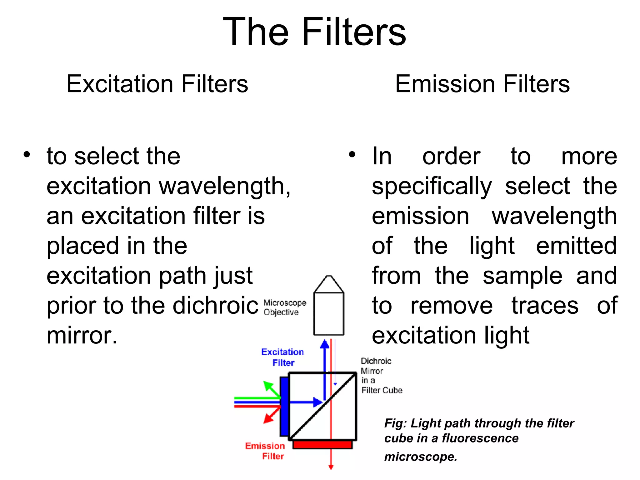 The Filters Excitation Filters to select the excitation wavelength, an excitation filter is placed in the excitation path just prior to the dichroic mirror.  Emission Filters In order to more specifically select the emission wavelength of the light emitted from the sample and to remove traces of excitation light  Fig: Light path through the filter cube in a fluorescence microscope.   