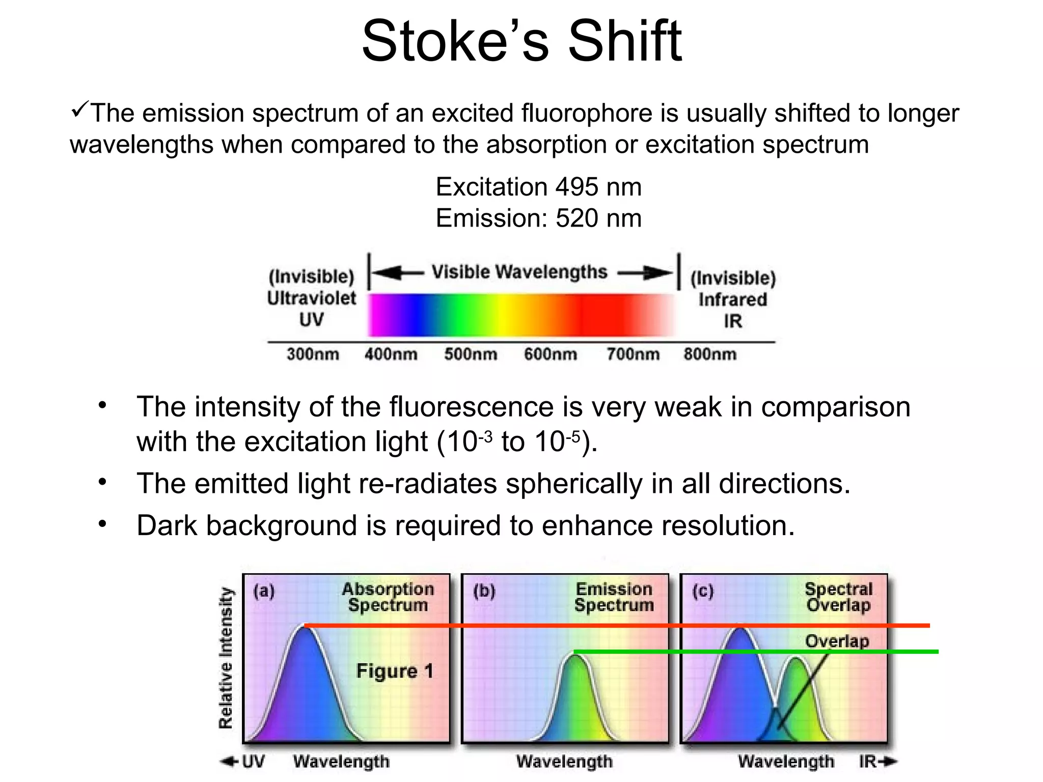 Stoke’s Shift Excitation 495 nm Emission: 520 nm The emission spectrum of an excited fluorophore is usually shifted to longer wavelengths when compared to the absorption or excitation spectrum  The intensity of the fluorescence is very weak in comparison with the excitation light (10 -3  to 10 -5 ). The emitted light re-radiates spherically in all directions. Dark background is required to enhance resolution. 