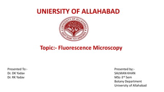 Presented by:-
SALMAN KHAN
MSc-3rd Sem
Botany Department
University of Allahabad
Presented To:-
Dr. DK Yadav
Dr. RK Yadav
Topic:- Fluorescence Microscopy
UNIERSITY OF ALLAHABAD
 