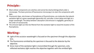  Most cellular components are colorless and cannot be clearly distinguished under a
microscope. The basic premise of fluorescence microscopy is to stain the components with
dyes.
 Fluorescent dyes, also known as fluorophores of fluorochromes, are molecules that absorb
excitation light at a given wavelength (generally UV), and after a short delay emit light at a
longer wavelength. The delay between absorption and emission is negligible, generally on
the order of nanoseconds.
 The emission light can then be filtered from the excitation light to reveal the location of the
fluorophores.
 Light of the excitation wavelength is focused on the specimen through the objective
lens.
 The fluorescence emitted by the specimen is focused to the detector by the
objective.
 Since most of the excitation light is transmitted through the specimen, only
reflected excitatory light reaches the objective together with the emitted light.
Working:-
Principle:-
 