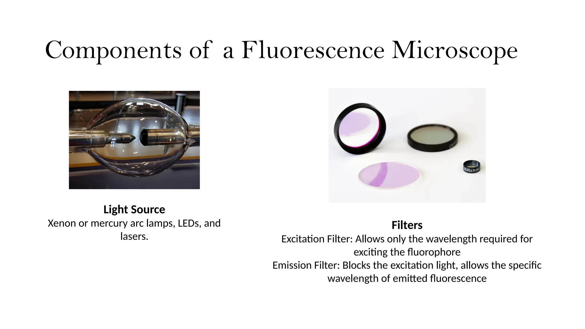 Components of a Fluorescence Microscope
Light Source
Xenon or mercury arc lamps, LEDs, and
lasers.
Filters
Excitation Filter: Allows only the wavelength required for
exciting the fluorophore
Emission Filter: Blocks the excitation light, allows the specific
wavelength of emitted fluorescence
 