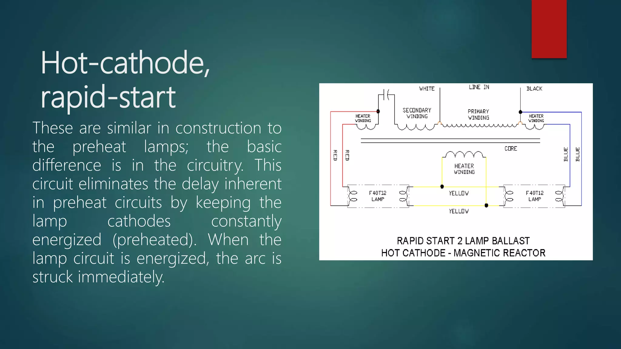 Hot-cathode,
rapid-start
These are similar in construction to
the preheat lamps; the basic
difference is in the circuitry. This
circuit eliminates the delay inherent
in preheat circuits by keeping the
lamp cathodes constantly
energized (preheated). When the
lamp circuit is energized, the arc is
struck immediately.
 
