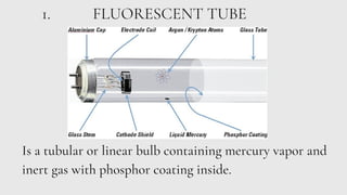 FLUORESCENT TUBE
1.
Is a tubular or linear bulb containing mercury vapor and
inert gas with phosphor coating inside.
 