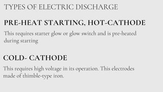 TYPES OF ELECTRIC DISCHARGE
PRE-HEAT STARTING, HOT-CATHODE
This requires starter glow or glow switch and is pre-heated
during starting
COLD- CATHODE
This requires high voltage in its operation. This electrodes
made of thimble-type iron.
 