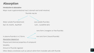 Absorption
Introduction to absorption
Major route is gastrointestinal tract ( stomach and small intestine)
fluoride may be
Water soluble fluorides(most) Less soluble fluorides-
NaF, HF, H2SiF6 , Na2PO3F CaF2 , Ca10(PO4 )6F2
ionic form ( inorganic or free fluoride)
In plasma fluoride is in 2 forms non ionic form ( bound fluoride)
Absorption depend on
Physical and chemical properties of compound
Solubility
Amount of fluoride ingested
Other dietary constitutes such as calcium which form insoluble salts with fluoride
17
 