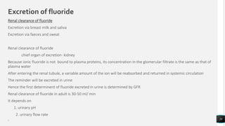 Excretion of fluoride
Renal clearance of fluoride
Excretion via breast milk and saliva
Excretion via faeces and sweat
Renal clearance of fluoride
chief organ of excretion- kidney
Because ionic fluoride is not bound to plasma proteins, its concentration in the glomerular filtrate is the same as that of
plasma water
After entering the renal tubule, a variable amount of the ion will be reabsorbed and returned in systemic circulation
The reminder will be excreted in urine
Hence the first determinent of fluoride excreted in urine is determined by GFR
Renal clearance of fluoride in adult is 30-50 ml/ min
It depends on
1. urinary pH
2. urinary flow rate
‘
29
 