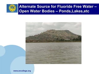 Alternate Source for Fluoride Free Water –
     Open Water Bodies – Ponds,Lakes,etc




www.ancollege.org
 