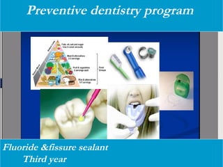 Preventive dentistry program

Fluoride &fissure sealant
Third year
Heidi Emmerling, RDH, PhD

DHYG 104 Pt Ed and Nutrition
Fall 2007

 