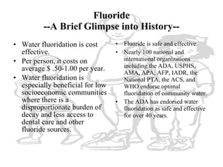 Fluoride --A Brief Glimpse into History-- <ul><li>Water fluoridation is cost effective. </li></ul><ul><li>Per person, it c...