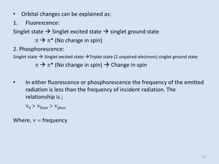 •Orbital changes can be explained as: 
1.Fluorescence: 
Singlet state Singlet excited state singlet ground state 
pp* (No change in spin) 
2. Phosphorescence: 
Singlet state Singlet excited state Triplet state (2 unpaired electrons) singlet ground state 
pp* (No change in spin) Change in spin 
•In either fluorescence or phosphorescence the frequency of the emitted radiation is less than the frequency of incident radiation. The relationship is ; 
0> fluor> phos 
Where,  = frequency 13 
 