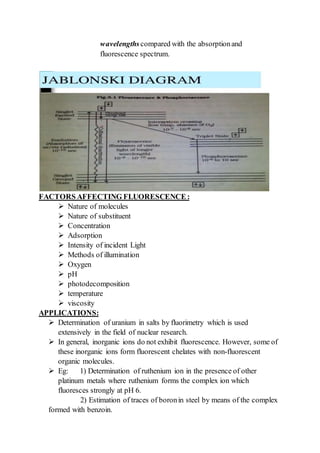 wavelengthscompared with the absorptionand
fluorescence spectrum.
FACTORS AFFECTING FLUORESCENCE :
 Nature of molecules
 Nature of substituent
 Concentration
 Adsorption
 Intensity of incident Light
 Methods of illumination
 Oxygen
 pH
 photodecomposition
 temperature
 viscosity
APPLICATIONS:
 Determination of uranium in salts by fluorimetry which is used
extensively in the field of nuclear research.
 In general, inorganic ions do not exhibit fluorescence. However, some of
these inorganic ions form fluorescent chelates with non-fluorescent
organic molecules.
 Eg: 1) Determination of ruthenium ion in the presence of other
platinum metals where ruthenium forms the complex ion which
fluoresces strongly at pH 6.
2) Estimation of traces of boronin steel by means of the complex
formed with benzoin.
 