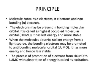 PRINCIPLE
• Molecule contains σ electrons, π electrons and non
bonding (n) electron.
• The electrons may be present in bonding molecular
orbital. It is called as highest occupied molecular
orbital (HOMO).It has lest energy and more stable.
• When the molecules absorbs radiant energy from a
light source, the bonding electrons may be promoted
to anti bonding molecular orbital (LUMO). It has more
energy and hence less stable.
• The process of promotion of electrons from HOMO to
LUMO with absorption of energy is called as excitation.
 