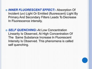  INNER FLUORESCENT EFFECT:- Absorption Of
Incident (uv) Light Or Emitted (fluorescent) Light By
Primary And Secondary Filters Leads To Decrease
In Fluorescence intensity.
 SELF QUENCHING:-At Low Concentration
Linearity Is Observed, At High Concentration Of
The Same Substance Increase In Fluorescent
Intensity Is Observed. This phenomena is called
self quenching.
 
