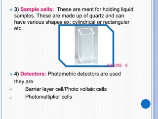  3) Sample cells: These are ment for holding liquid
samples. These are made up of quartz and can
have various shapes ex: cylindrical or rectangular
etc.

 Barrier layer cell/Photo voltaic cells
Photomultiplier cells
FIGURE 8
 4) Detectors: Photometric detectors are used
they are
 