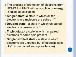  The process of promotion of electrons from
HOMO to LUMO with absorption of energy
is called as excitation.
 Singlet state:-a state in which all the
electrons in a molecule are paired 
 Doublet state:- a state in which un paired
electrons is present  or 
 Triplet state:- a state in which unpaired
electrons of same spin present 
 Singlet excited state:- a state in which
electrons are unpaired but of opposite spin
like  (un paired and opposite spin)
 