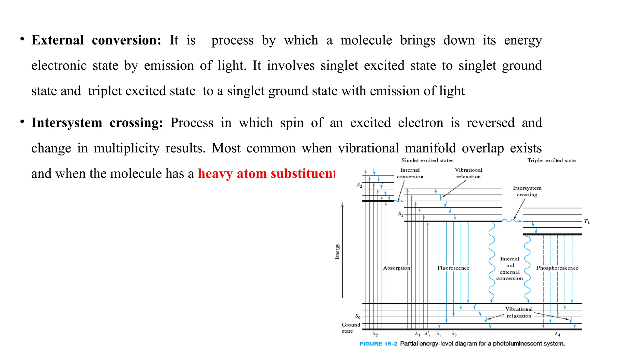 • External conversion: It is process by which a molecule brings down its energy
electronic state by emission of light. It involves singlet excited state to singlet ground
state and triplet excited state to a singlet ground state with emission of light
• Intersystem crossing: Process in which spin of an excited electron is reversed and
change in multiplicity results. Most common when vibrational manifold overlap exists
and when the molecule has a heavy atom substituent.
 