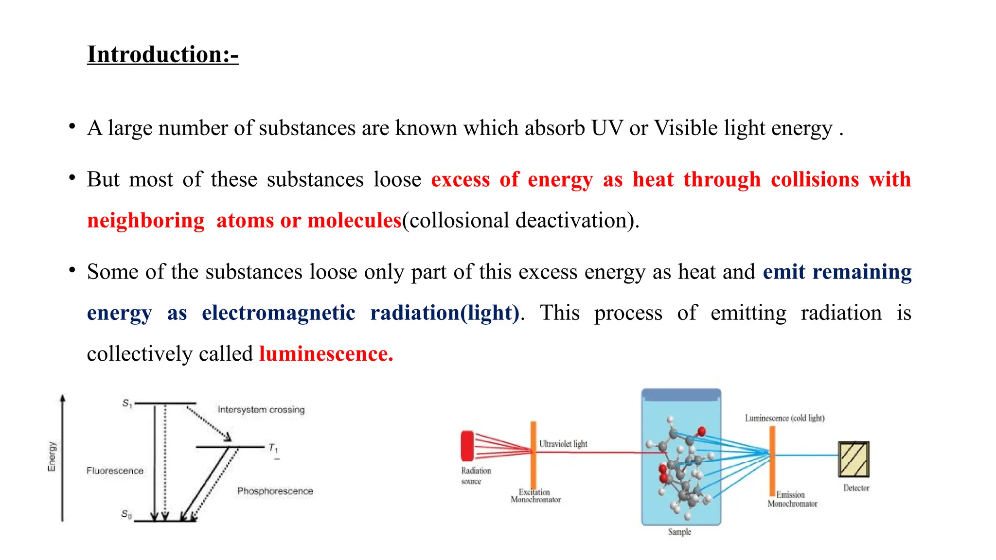 • A large number of substances are known which absorb UV or Visible light energy .
• But most of these substances loose excess of energy as heat through collisions with
neighboring atoms or molecules(collosional deactivation).
• Some of the substances loose only part of this excess energy as heat and emit remaining
energy as electromagnetic radiation(light). This process of emitting radiation is
collectively called luminescence.
Introduction:-
 