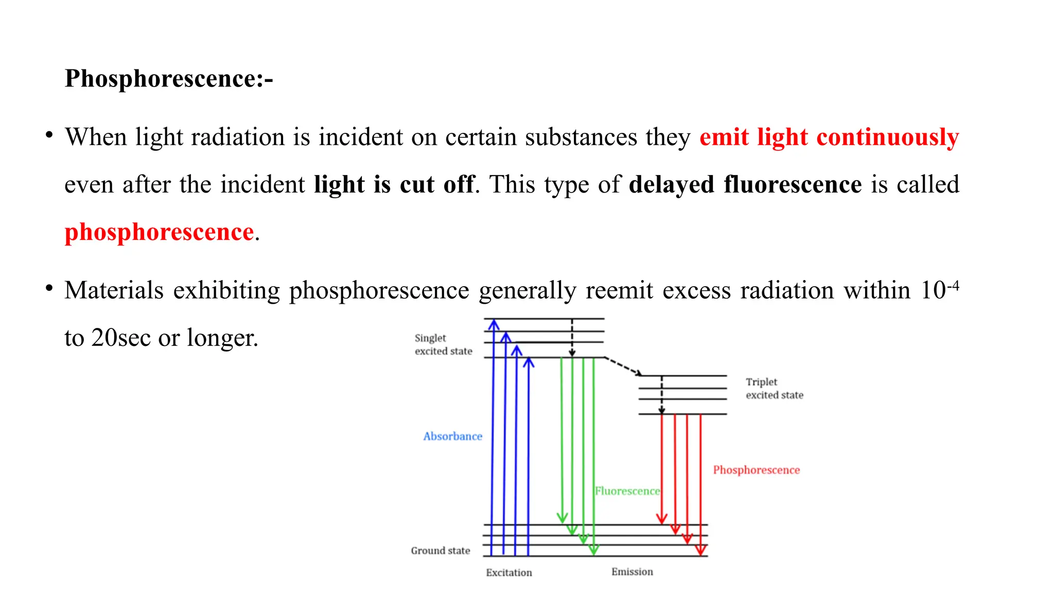 Phosphorescence:-
• When light radiation is incident on certain substances they emit light continuously
even after the incident light is cut off. This type of delayed fluorescence is called
phosphorescence.
• Materials exhibiting phosphorescence generally reemit excess radiation within 10-4
to 20sec or longer.
 