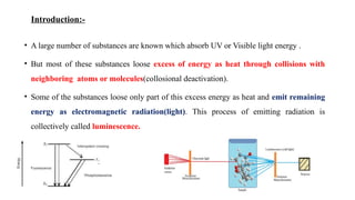 • A large number of substances are known which absorb UV or Visible light energy .
• But most of these substances loose excess of energy as heat through collisions with
neighboring atoms or molecules(collosional deactivation).
• Some of the substances loose only part of this excess energy as heat and emit remaining
energy as electromagnetic radiation(light). This process of emitting radiation is
collectively called luminescence.
Introduction:-
 