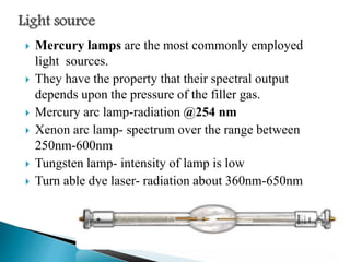  Mercury lamps are the most commonly employed
light sources.
 They have the property that their spectral output
depends upon the pressure of the filler gas.
 Mercury arc lamp-radiation @254 nm
 Xenon arc lamp- spectrum over the range between
250nm-600nm
 Tungsten lamp- intensity of lamp is low
 Turn able dye laser- radiation about 360nm-650nm
 