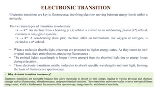 • Why electronic transition is necessary?
Electronic transitions are necessary because they allow molecules to absorb or emit energy, leading to various physical and chemical
changes such as fluorescence, phosphorescence, and photochemical reactions. These transitions enable molecules to move between different
energy states, which is fundamental for processes like spectroscopy, energy transfer, and chemical reactivity.
ELECTRONIC TRANSITION
Electronic transitions are key to fluorescence, involving electrons moving between energy levels within a
molecule.
The two main types of transitions involved are:
•π → π*: An electron from a bonding pi (π) orbital is excited to an antibonding pi-star (π*) orbital,
common in conjugated systems .
•n → π*: A non-bonding (lone pair) electron, often on heteroatoms like oxygen or nitrogen, is
excited to a π* orbital.
• When a molecule absorbs light, electrons are promoted to higher energy states. As they return to their
original state, they emit photons, producing fluorescence .
• The emitted light's wavelength is longer (lower energy) than the absorbed light due to energy losses
during relaxation .
• These electronic transitions enable molecules to absorb specific wavelengths and emit light, forming
the basis of fluorescence spectroscopy.
 