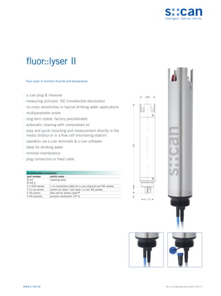 © s::can Messtechnik GmbH (2017)
www.s-can.at
fluor::lyser II
∙
∙ s::can plug & measure
∙
∙ measuring principle: ISE (ionselective electrodes)
∙
∙ no cross sensitivities in typical drinking water applications
∙
∙ multiparameter probe
∙
∙ long term stable, factory precalibrated
∙
∙ automatic cleaning with compressed air
∙
∙ easy and quick mounting and measurement directly in the
media (InSitu) or in a flow cell (monitoring station)
∙
∙ operation via s::can terminals & s::can software
∙
∙ ideal for drinking water
∙
∙ minimal maintenance
∙
∙ plug connection or fixed cable
Messgeräte Sonstige Daten
recommended accessories
part number article name
B-44
B-44-2
cleaning valve
C-1-010-sensor 1 m connection cable for s::can physical and ISE probes
F-11-oxi-ammo carrier oxi::lyser / soli::lyser / s::can ISE probes
F-45-ammo flow cell for ammo::lyser™
F-45-process process connection 1/4" G
fluor::lyser II monitors fluoride and temperature
 