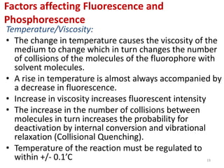 Factors affecting Fluorescence and
Phosphorescence
Temperature/Viscosity:
• The change in temperature causes the viscosity of the
medium to change which in turn changes the number
of collisions of the molecules of the fluorophore with
solvent molecules.
• A rise in temperature is almost always accompanied by
a decrease in fluorescence.
• Increase in viscosity increases fluorescent intensity
• The increase in the number of collisions between
molecules in turn increases the probability for
deactivation by internal conversion and vibrational
relaxation (Collisional Quenching).
• Temperature of the reaction must be regulated to
within +/- 0.1’C 19
 