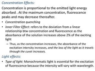 Concentration Effects:
Concentration is proportional to the emitted light energy
absorbed . At the maximum concentration, fluorescence
peaks and may decrease thereafter.
• Concentration quenching
• Inner Filter Effect: refers to the deviation from a linear
relationship btw concentration and fluorescence as the
absorbance of the solution increases above 2% of the exciting
light
– Thus, as the concentration increases, the absorbance of the
excitation intensity increases, and the loss of the light as it travels
through the cuvet increases.
Light effects:
• Type of light: Monochromatic light is essential for the excitation
of fluorescence because the intensity will vary with wavelength.24
 