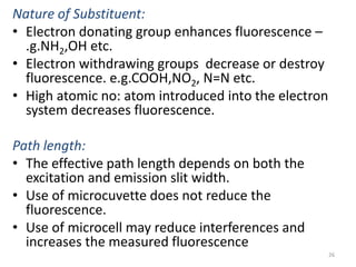 Nature of Substituent:
• Electron donating group enhances fluorescence –
.g.NH2,OH etc.
• Electron withdrawing groups decrease or destroy
fluorescence. e.g.COOH,NO2, N=N etc.
• High atomic no: atom introduced into the electron
system decreases fluorescence.
Path length:
• The effective path length depends on both the
excitation and emission slit width.
• Use of microcuvette does not reduce the
fluorescence.
• Use of microcell may reduce interferences and
increases the measured fluorescence
26
 