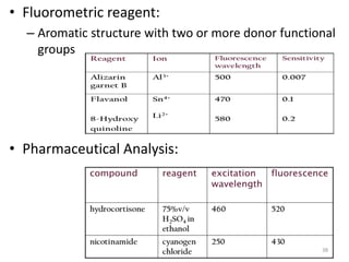 • Fluorometric reagent:
– Aromatic structure with two or more donor functional
groups
• Pharmaceutical Analysis:
38
 